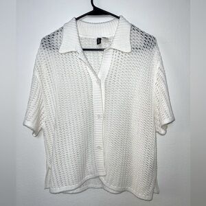 H&M Divided White/ivory Knit Collard Swim Cover Up Top